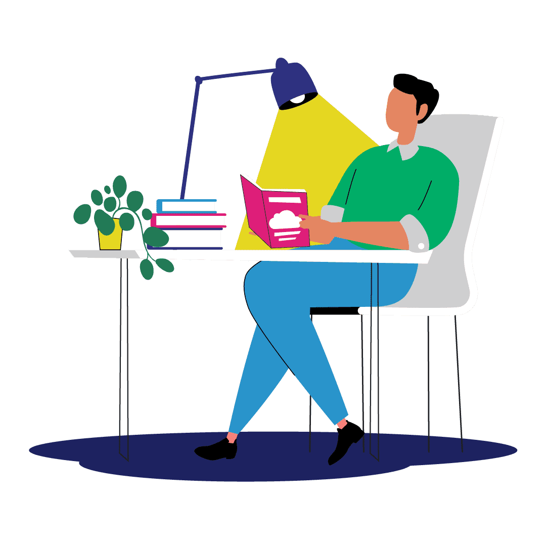 illustration of person sitting back at a desk