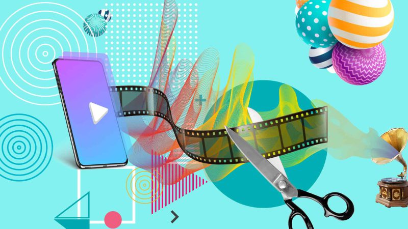 A collage of film strip, smart phone, scissors, and graphical flourishes.