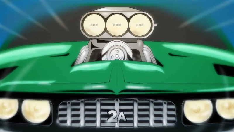 image of a green car hood with a supercharger engine