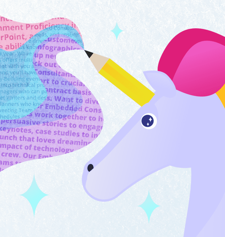 Image of a unicorn with a horn that's a pencil with a job description flowing from it in rainbow colors