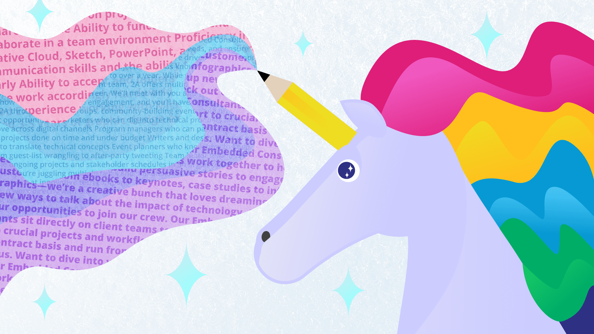 Image of a unicorn with a horn that's a pencil with a job description flowing from it in rainbow colors