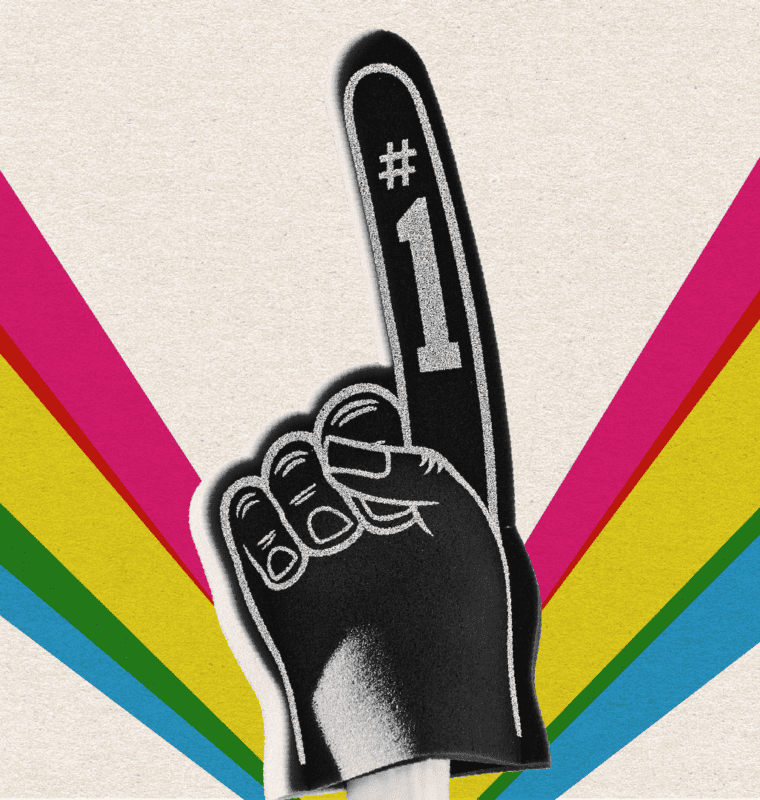 decorative image of a foam finger that says number one with a rainbow behind it