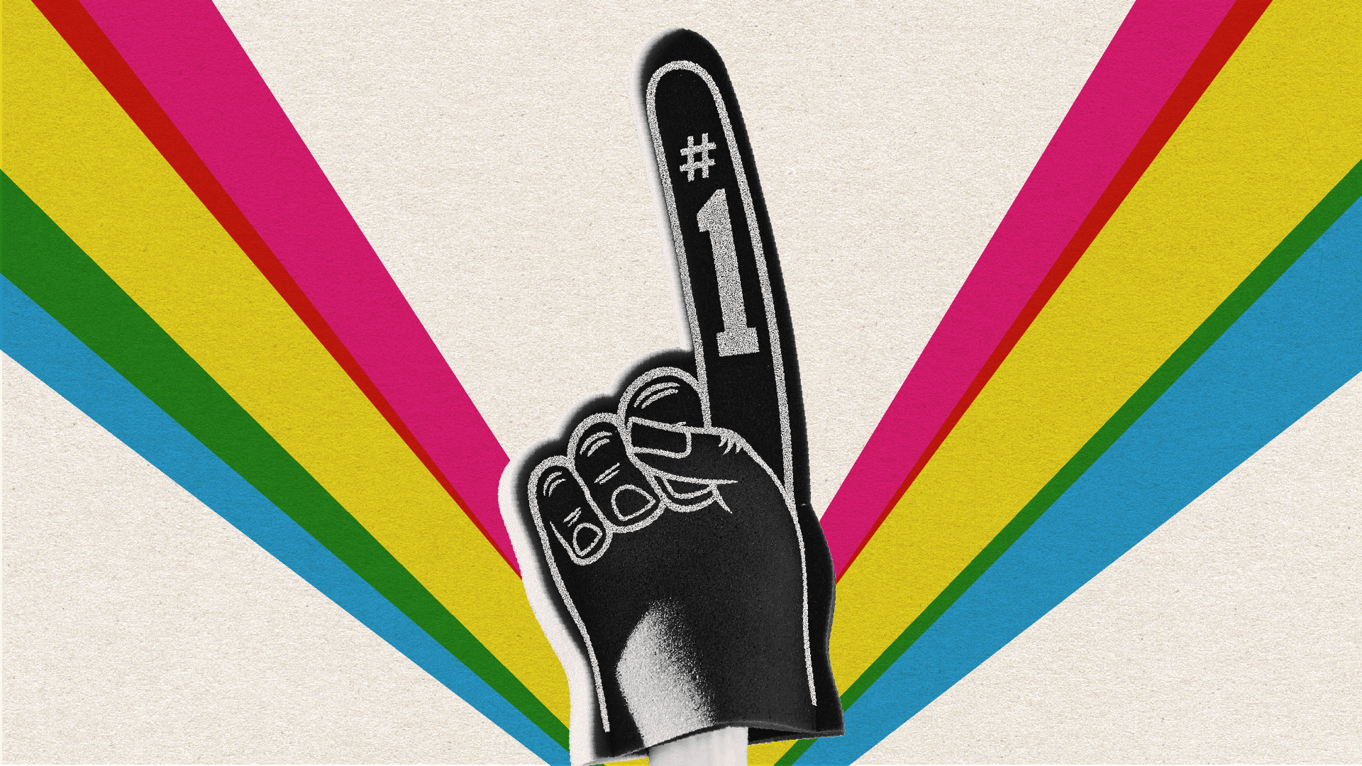 decorative image of a foam finger that says number one with a rainbow behind it