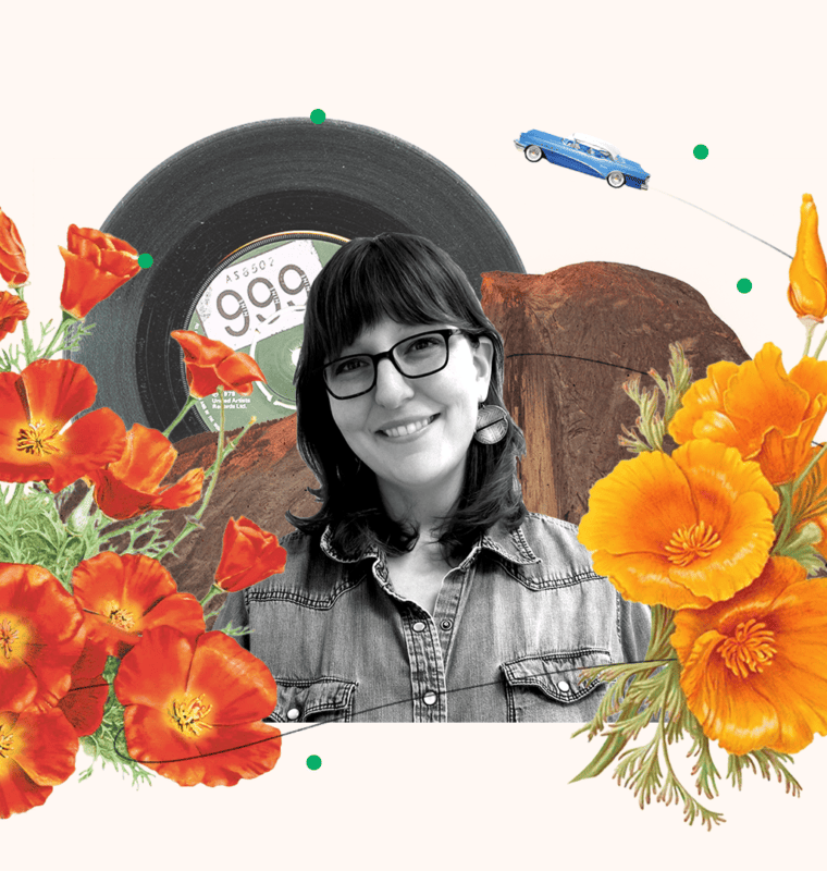 Headshot of Suzanne with orange flowers, a record, and a blue car.