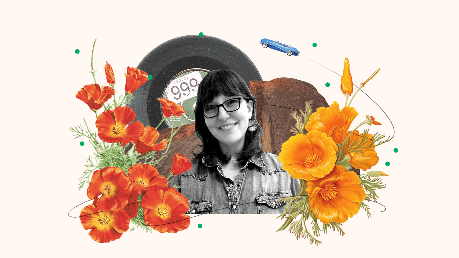 Headshot of Suzanne with orange flowers, a record, and a blue car.