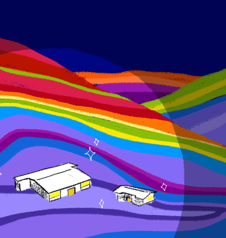 decorative image of rainbow colored hills with a few buildings sprinkled in