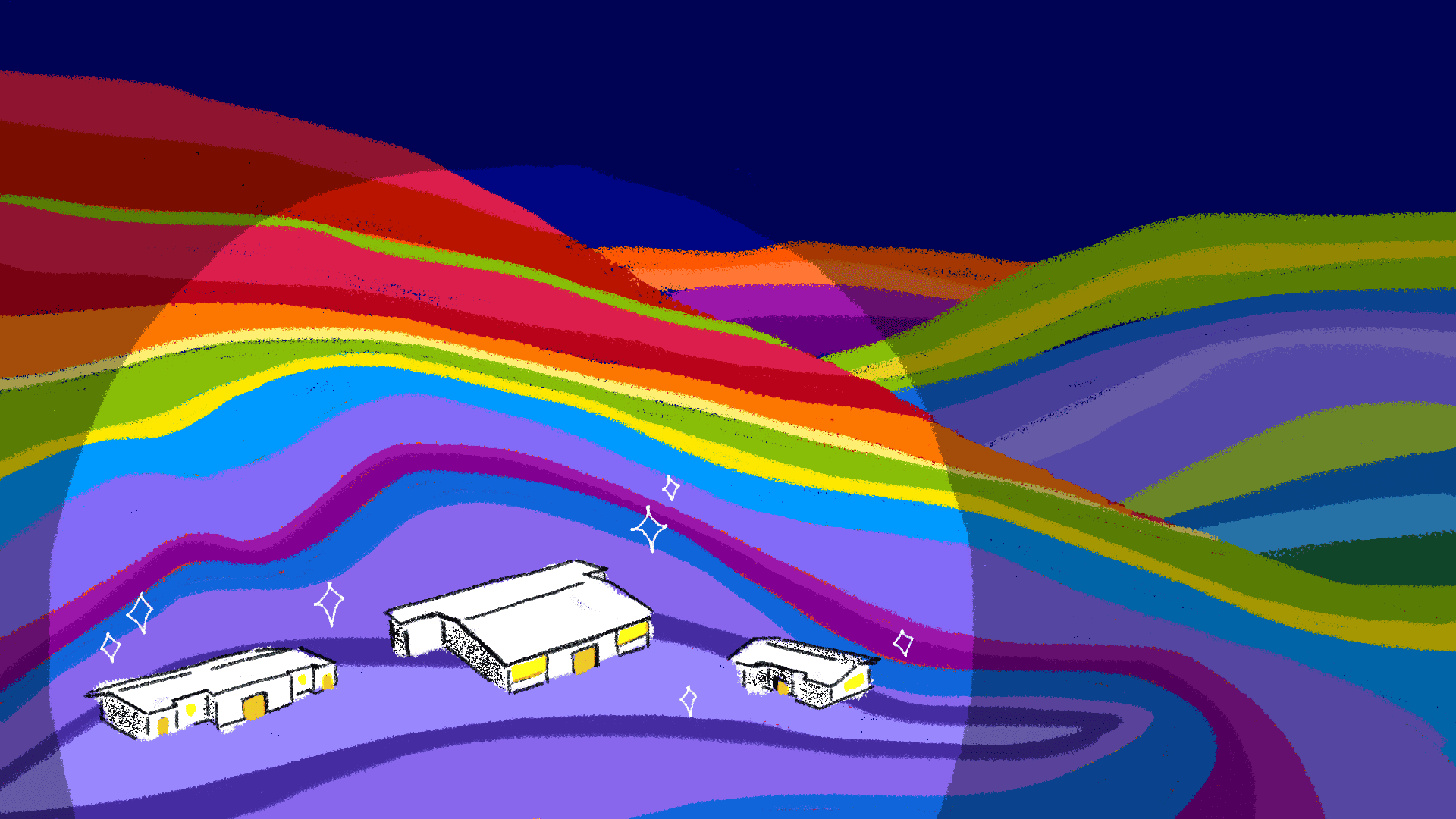 decorative image of rainbow colored hills with a few buildings sprinkled in