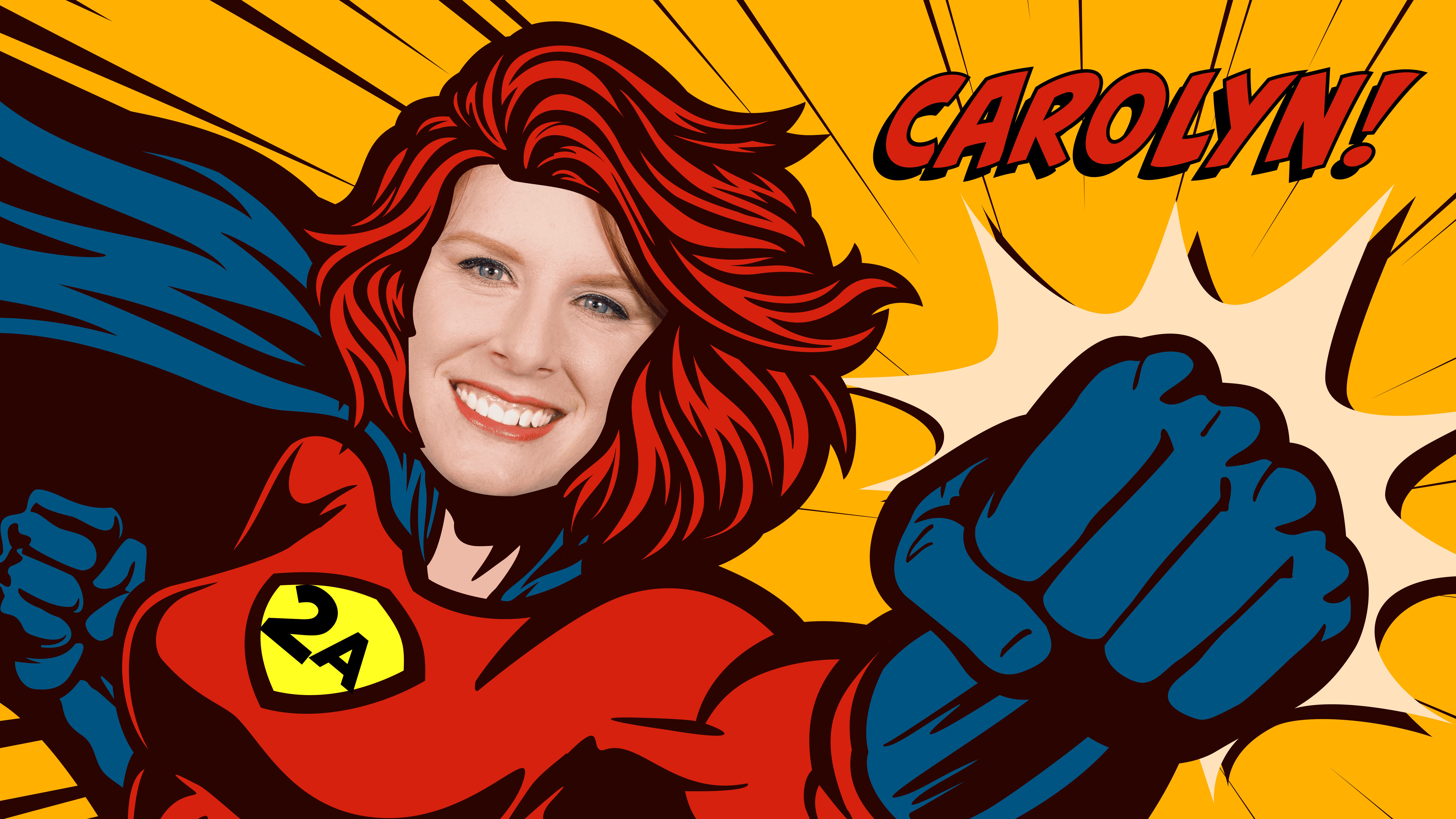 decorative image of Carolyn as a superhero with the word 