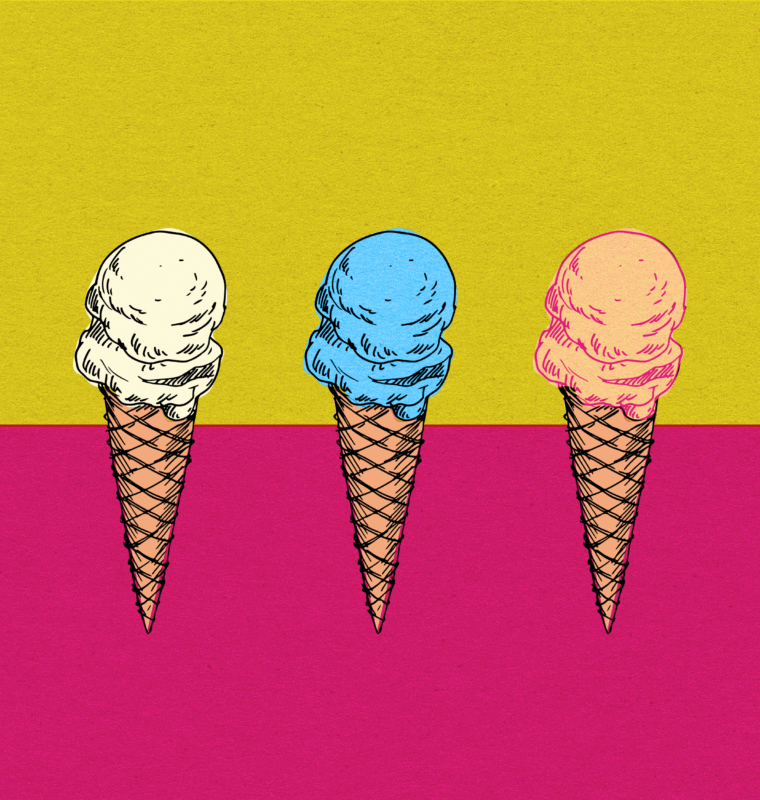 Image features three ice cream cones in a horizontal row.