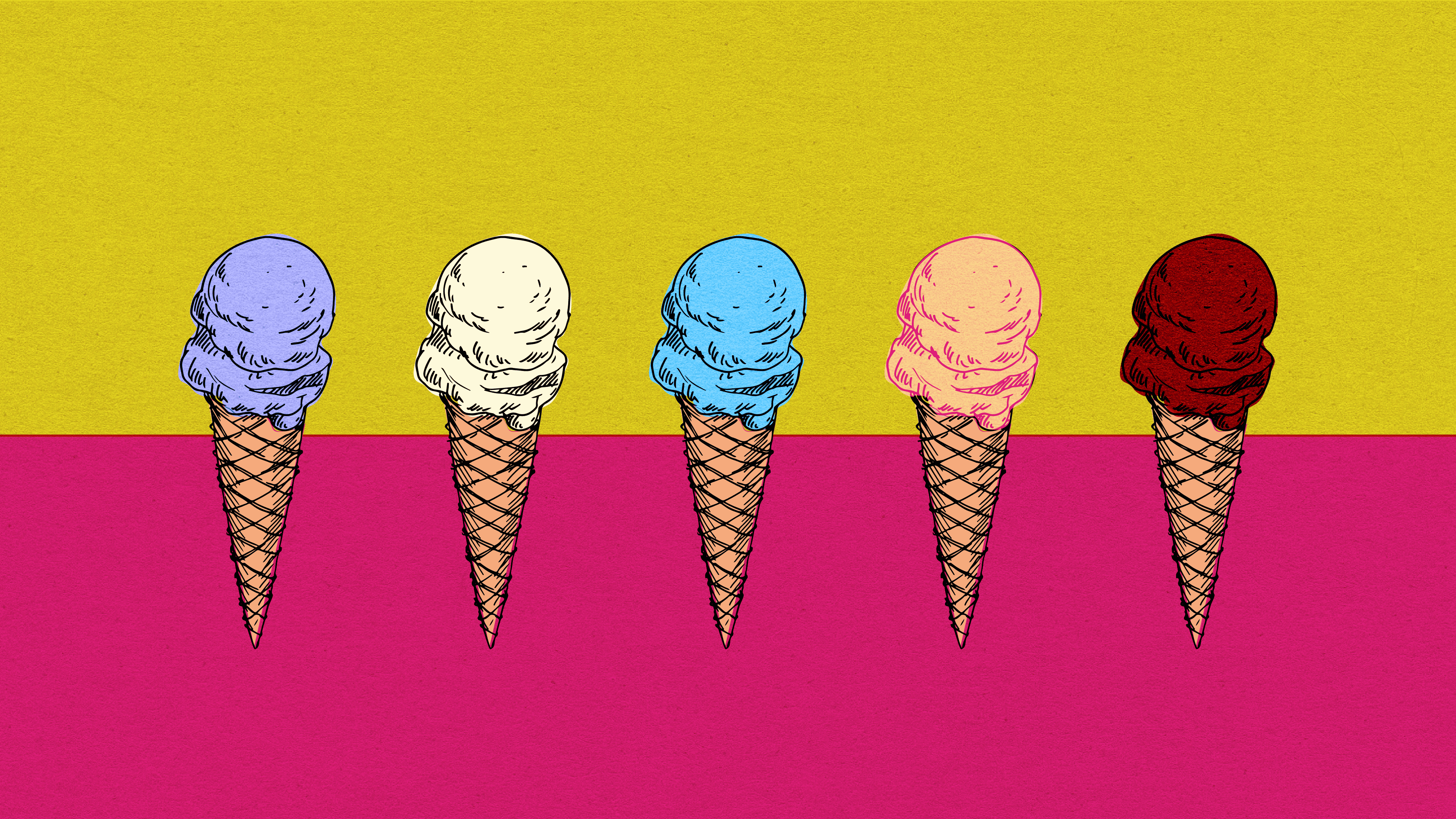 Image features three ice cream cones in a horizontal row.