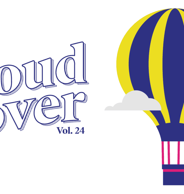 Image of a yellow and purple hot air balloon along the right edge of image with floating words that read Cloud Cover Volume 24 in purple font.