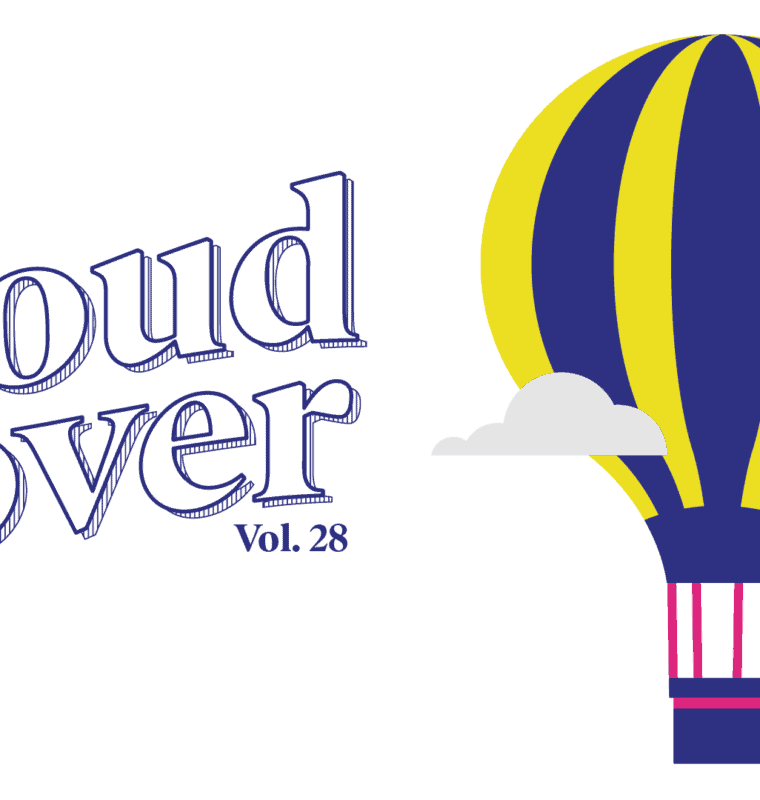 On the left side of the image reads the word cloud cover, volume 28 in big white font. Along the right side of the image features a purple and yellow striped hot air balloon.