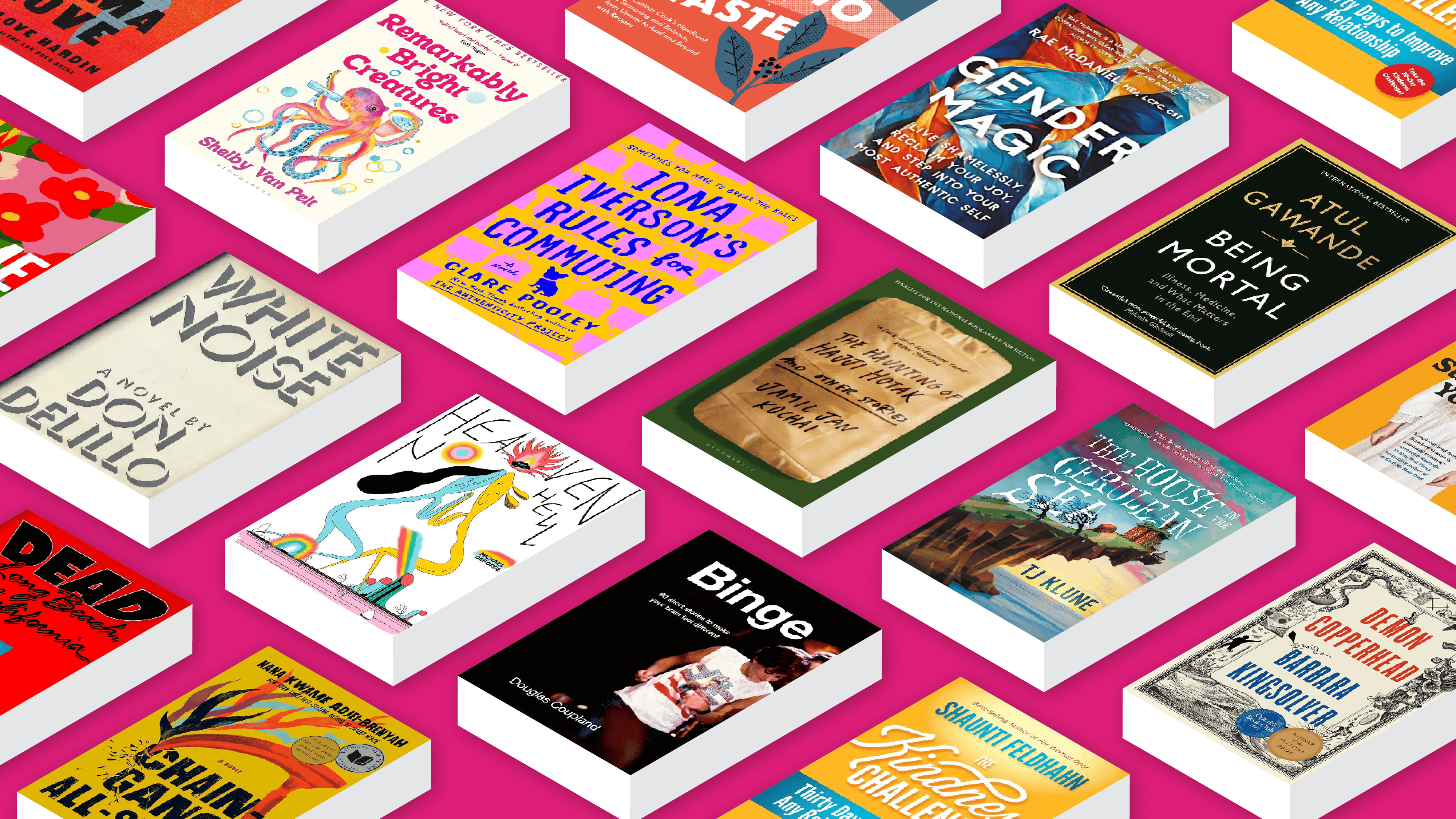 Image features three rows of books with different book covers on a hot pink background.