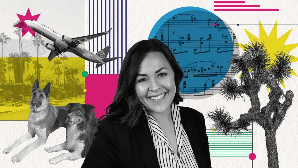 Image features consultant Michelle Najarian in the center surrounded by a collage of things that represent her interest. The collage features an image of her two dogs, sheet music, an airplane, and palm tree.
