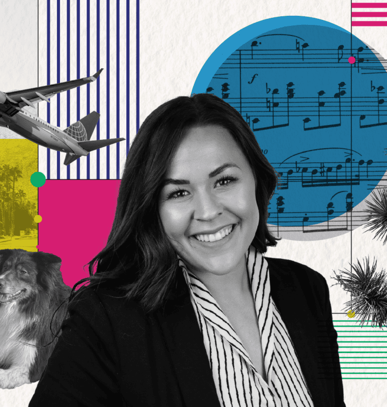 Image features consultant Michelle Najarian in the center surrounded by a collage of things that represent her interest. The collage features an image of her two dogs, sheet music, an airplane, and palm tree.