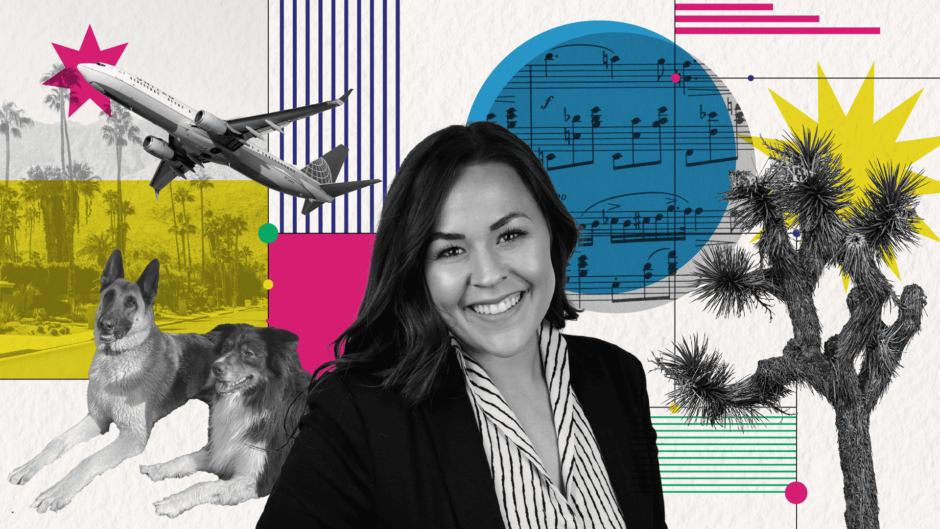 Image features consultant Michelle Najarian in the center surrounded by a collage of things that represent her interest. The collage features an image of her two dogs, sheet music, an airplane, and palm tree.