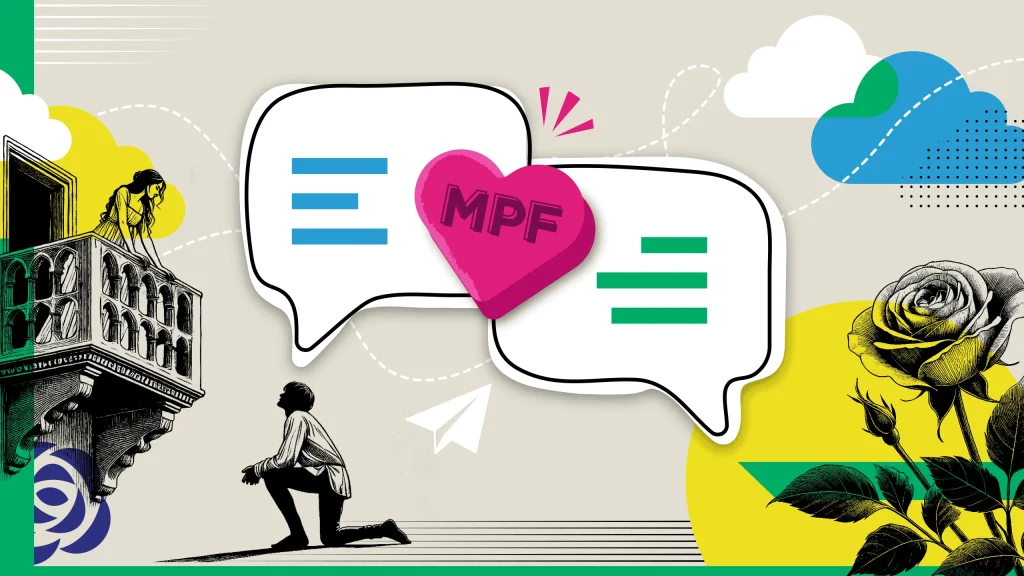 Image features a kneeling figure with two text bubbles and heart with the letter "MPF" centered in the heart.