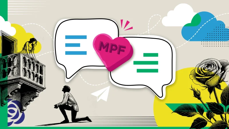 Image features a kneeling figure with two text bubbles and heart with the letter "MPF" centered in the heart.