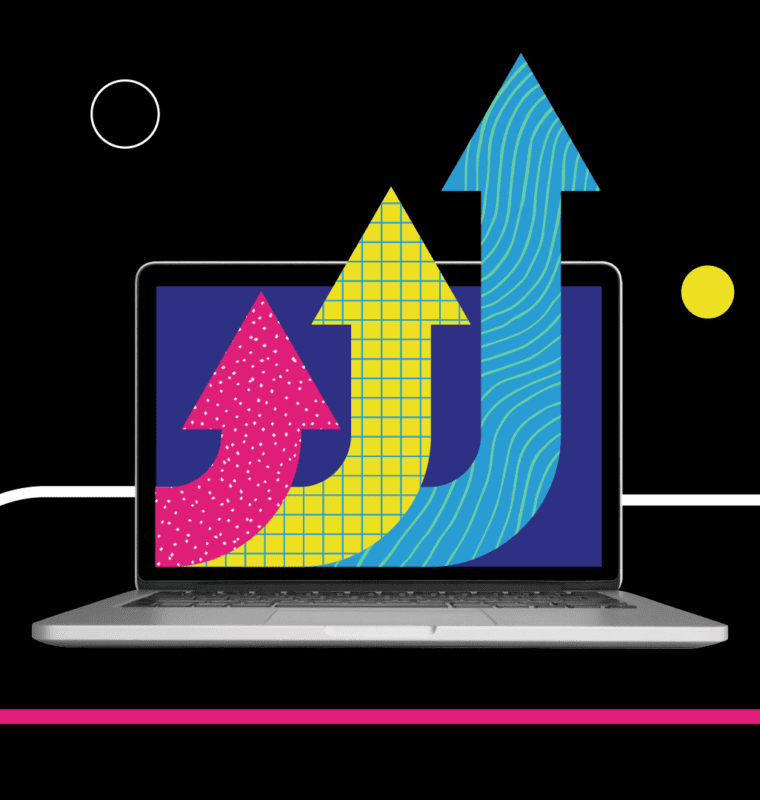 Image features a laptop in the center with three upward arrows. The background of the image is black with two circles and pink line.