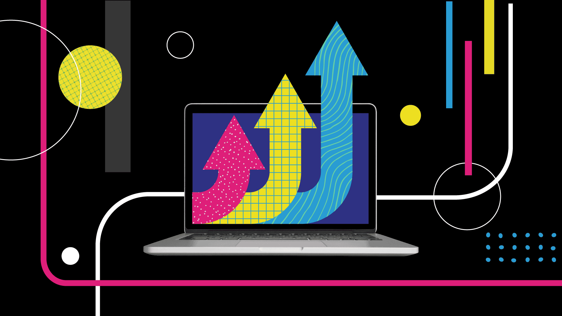 Image features a laptop in the center with three upward arrows. The background of the image is black with two circles and pink line.