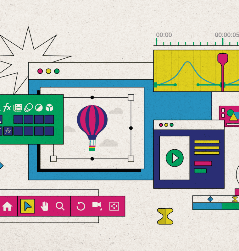 Image features a wireframe of an animation being built. The image shows a hot air balloon being animated.