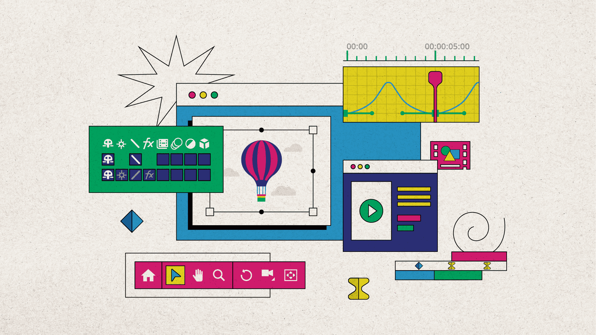 Image features a wireframe of an animation being built. The image shows a hot air balloon being animated.