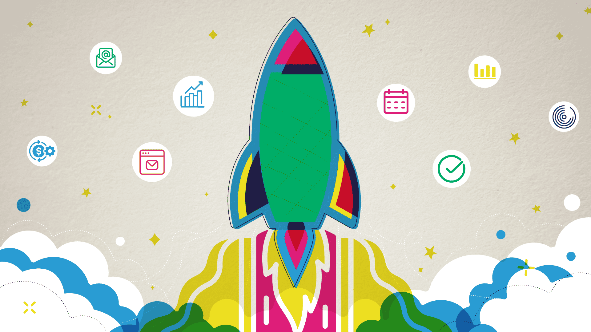 Image features a green rocket in the center taking off with yellow and pink flames. There are various icons around the rocket, like a small icon with a graph, a small icon with a calendar, etc.