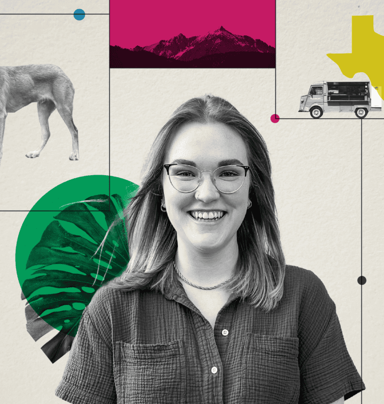 A creative collage-style portrait of Nicole, who is centered in the image, smiling brightly. She wears glasses and a casual textured shirt. Surrounding her are various elements: two dogs standing on a cushion, a vibrant green monstera leaf, a silhouette of someone paddleboarding over blue water, a food truck illustration on a yellow Texas-shaped background, and a magenta mountain range. The design also includes geometric shapes, green plant overlays, and colorful lines, creating a dynamic and artistic composition