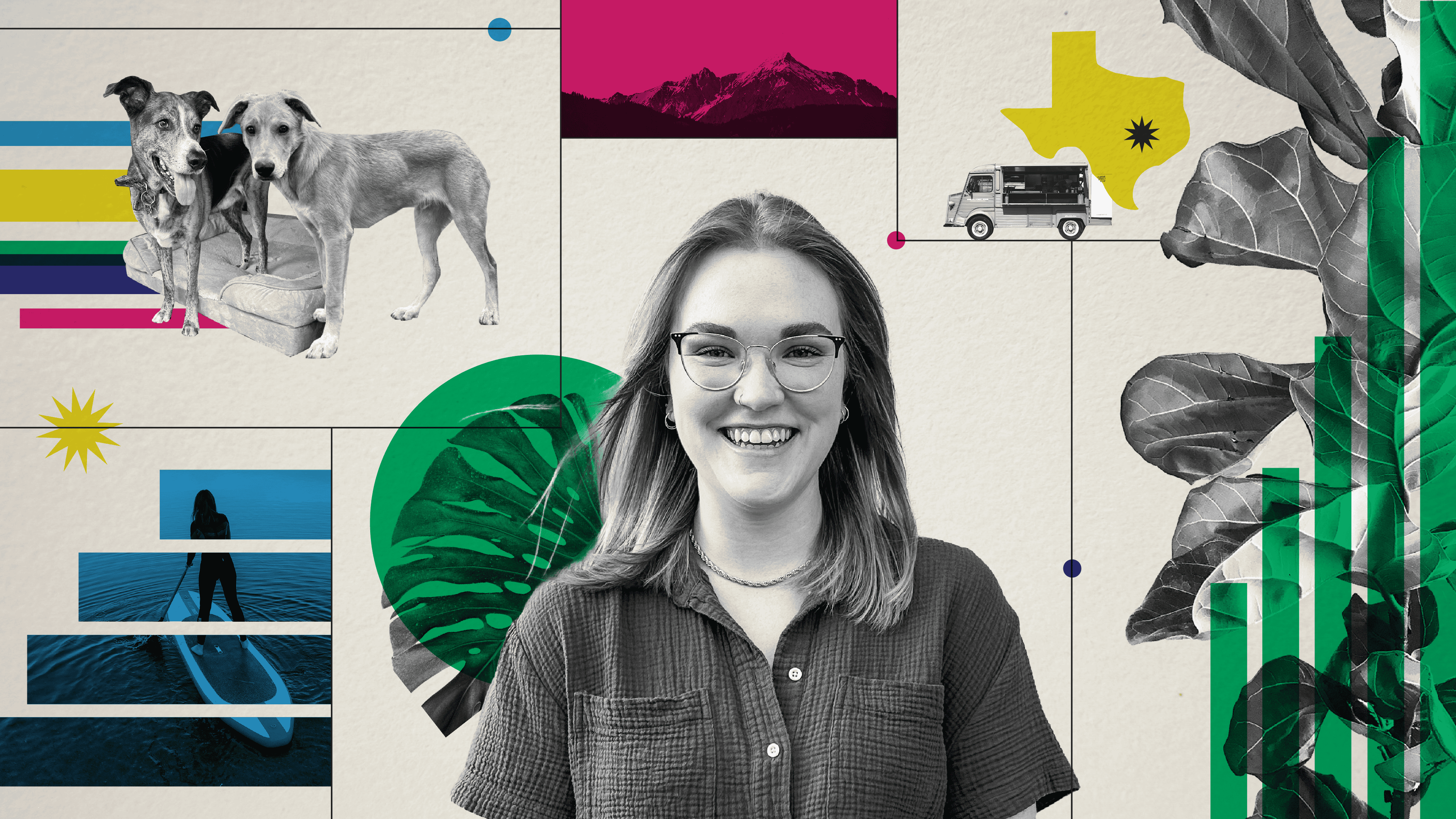 A creative collage-style portrait of Nicole, who is centered in the image, smiling brightly. She wears glasses and a casual textured shirt. Surrounding her are various elements: two dogs standing on a cushion, a vibrant green monstera leaf, a silhouette of someone paddleboarding over blue water, a food truck illustration on a yellow Texas-shaped background, and a magenta mountain range. The design also includes geometric shapes, green plant overlays, and colorful lines, creating a dynamic and artistic composition