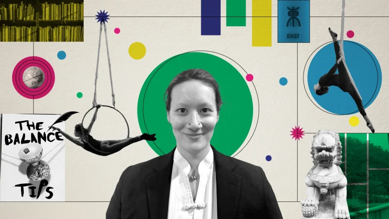 A vibrant collage featuring 2A copyeditor Ren with a confident smile at the center, dressed in a black blazer and white shirt, with a septum piercing. Surrounding the individual are images of acrobatics, such as a person on a hoop and another performing on aerial silks. Bright geometric shapes, including circles and rectangles, are scattered across the background. Other elements include a bookshelf, a globe, a yin-yang symbol with 'The Balance Tips' written, an Eastern-style statue, and a scenic view of greenery. The design is colorful, dynamic, and balanced with modern and cultural motifs.