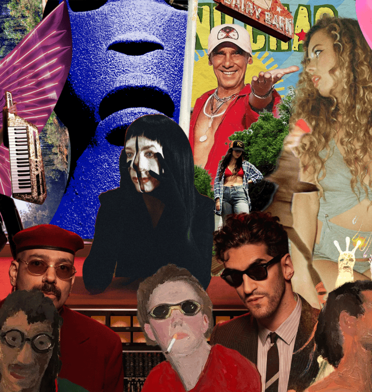 A vibrant and eclectic collage featuring various figures and objects, blending photography, digital art, and painting styles. A person with pink wings and a keytar stands to the left, while other elements include a face painted in dramatic black and white, a person in a red beret and sunglasses, and a surreal pink heart with a face. The background incorporates natural and urban elements, with textures ranging from smooth to abstract. The overall theme feels artistic, dynamic, and surreal.