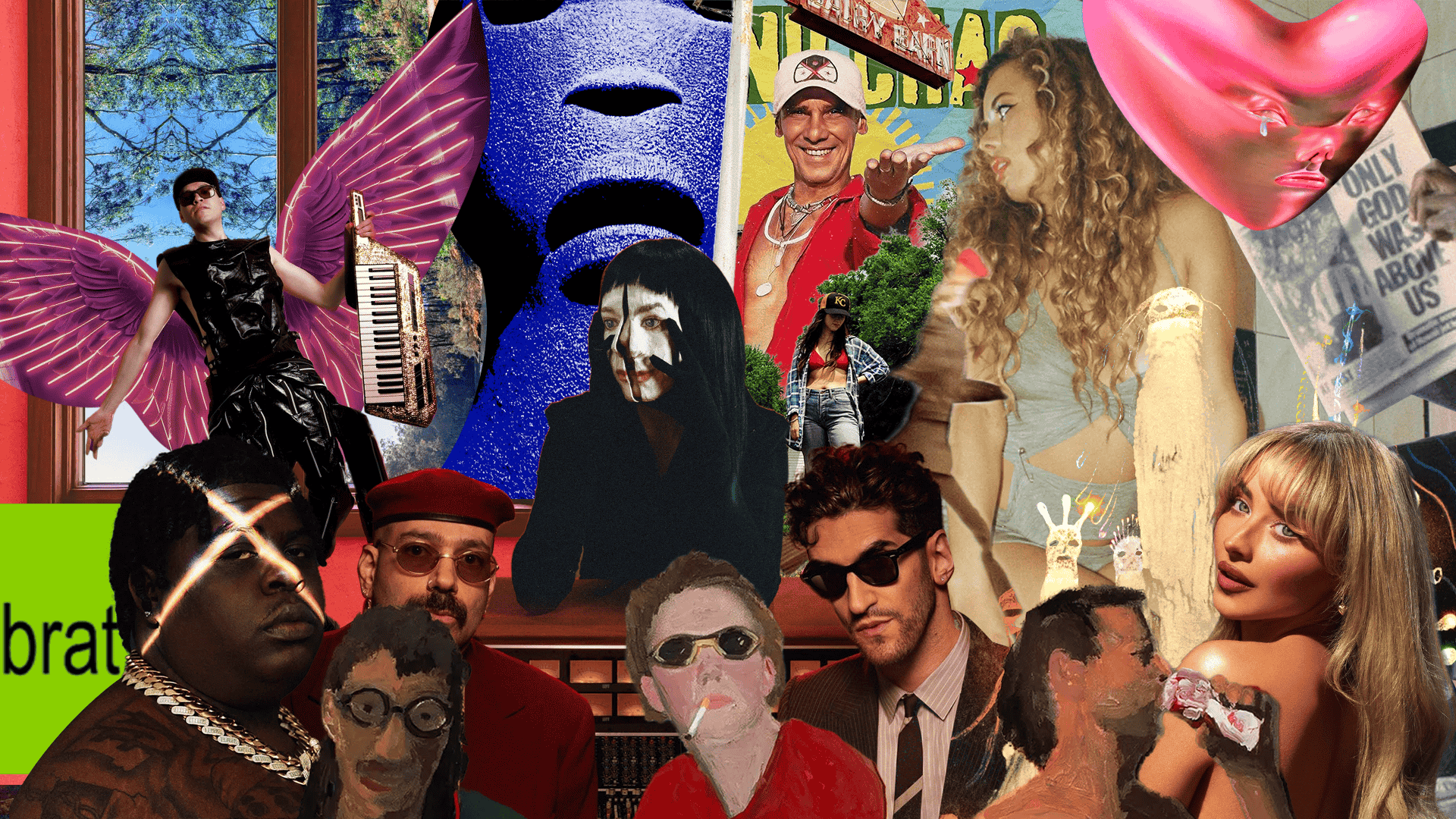 A vibrant and eclectic collage featuring various figures and objects, blending photography, digital art, and painting styles. A person with pink wings and a keytar stands to the left, while other elements include a face painted in dramatic black and white, a person in a red beret and sunglasses, and a surreal pink heart with a face. The background incorporates natural and urban elements, with textures ranging from smooth to abstract. The overall theme feels artistic, dynamic, and surreal.