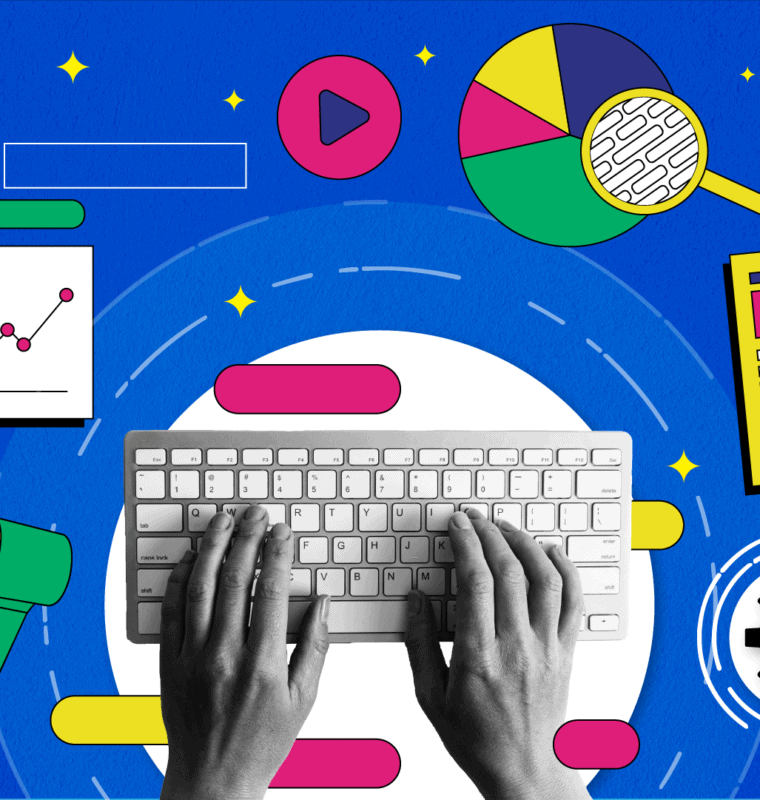 A pair of hands typing on a keyboard, surrounded by colorful digital icons representing AI, data analysis, content creation, and marketing tools on a vibrant blue background.