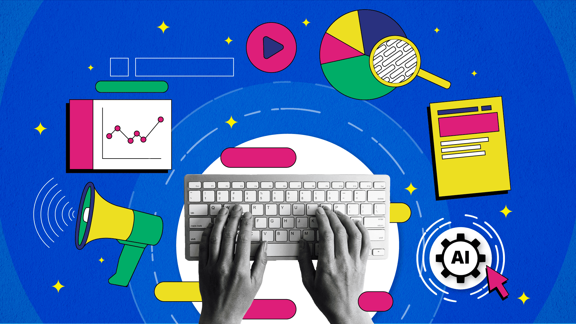 A pair of hands typing on a keyboard, surrounded by colorful digital icons representing AI, data analysis, content creation, and marketing tools on a vibrant blue background.