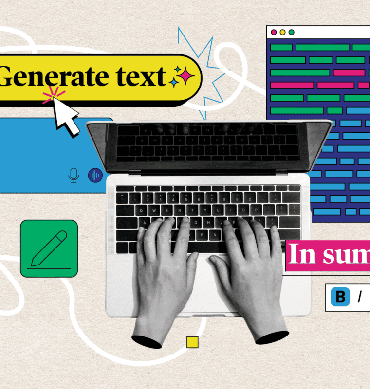 An artistic illustration featuring a laptop with hands typing on the keyboard, surrounded by colorful design elements. A large yellow button labeled 'Generate text' with a cursor pointing at it is prominent. Various symbols, including text editing icons, a writing prompt box labeled 'Begin prompt,' and colorful blocks representing text or code, are scattered around the composition. The phrase 'In summary' appears in bold pink text, adding a sense of focus and creativity to the image.