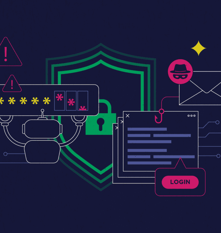 Illustration representing cybersecurity concepts: a dark background with elements such as a shield with a lock, warning icons, a phishing email with a masked icon, and a login form. Lines and circuits connect the components, symbolizing interconnected threats and defenses in the digital landscape.