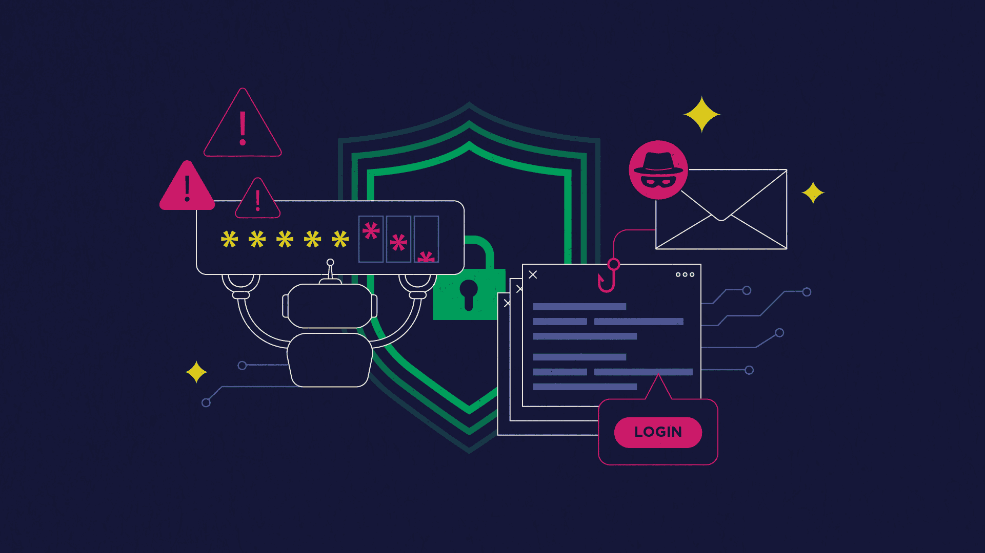 Illustration representing cybersecurity concepts: a dark background with elements such as a shield with a lock, warning icons, a phishing email with a masked icon, and a login form. Lines and circuits connect the components, symbolizing interconnected threats and defenses in the digital landscape.