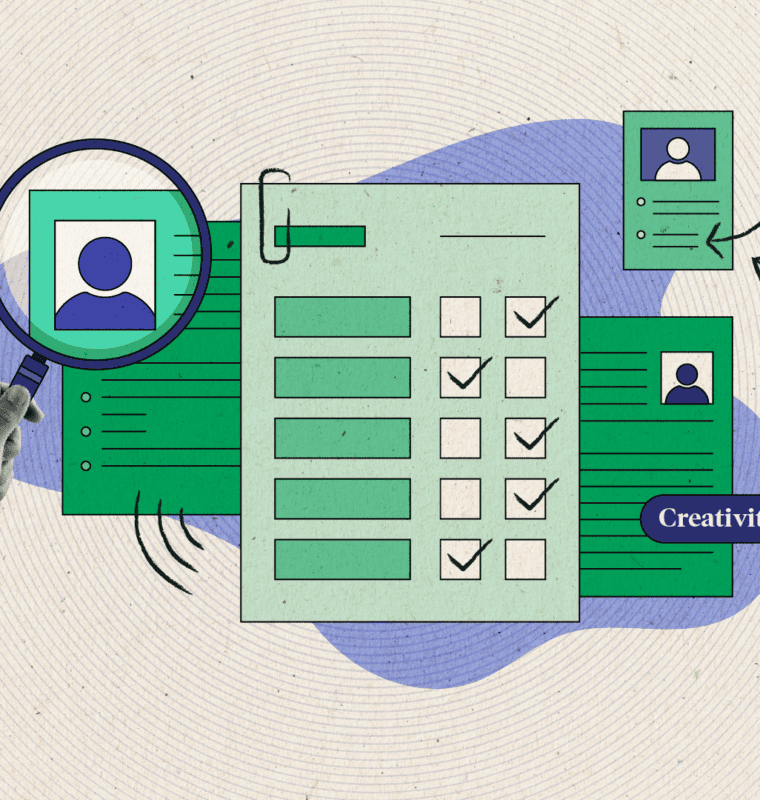 A collage-style digital illustration featuring a checklist with green boxes and checkmarks, a magnifying glass examining a user profile icon, and a hand cursor clicking a “Creativity” button. Smaller profile icons and arrows suggest a hiring or selection process. The background has subtle circular patterns.