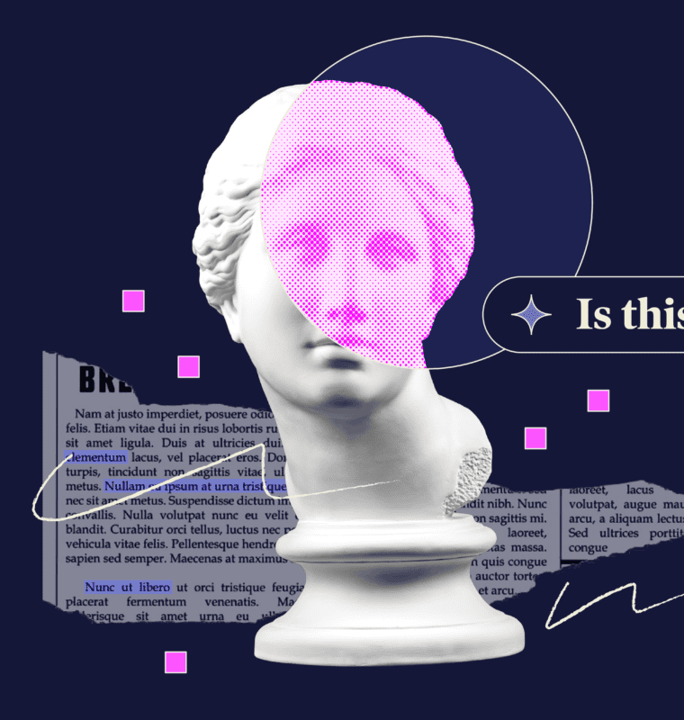 A classical white marble bust with a digitally altered pink halftone overlay on part of the face, set against a dark background. Torn newspaper text and small floating pink squares surround the bust, giving a futuristic and abstract feel. A speech bubble with the text 