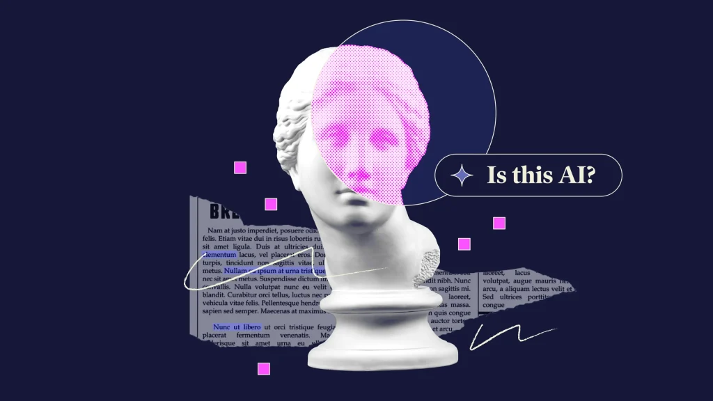 A classical white marble bust with a digitally altered pink halftone overlay on part of the face, set against a dark background. Torn newspaper text and small floating pink squares surround the bust, giving a futuristic and abstract feel. A speech bubble with the text "Is this AI?" and a sparkle icon is placed near the figure, suggesting a discussion about artificial intelligence and authenticity.