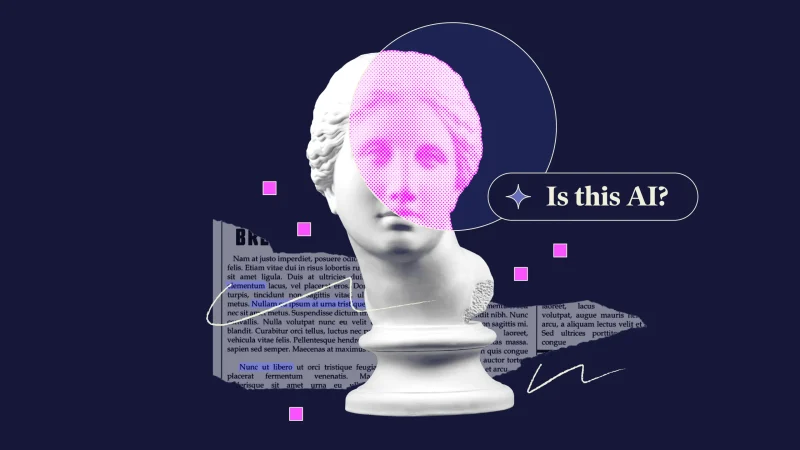A classical white marble bust with a digitally altered pink halftone overlay on part of the face, set against a dark background. Torn newspaper text and small floating pink squares surround the bust, giving a futuristic and abstract feel. A speech bubble with the text "Is this AI?" and a sparkle icon is placed near the figure, suggesting a discussion about artificial intelligence and authenticity.