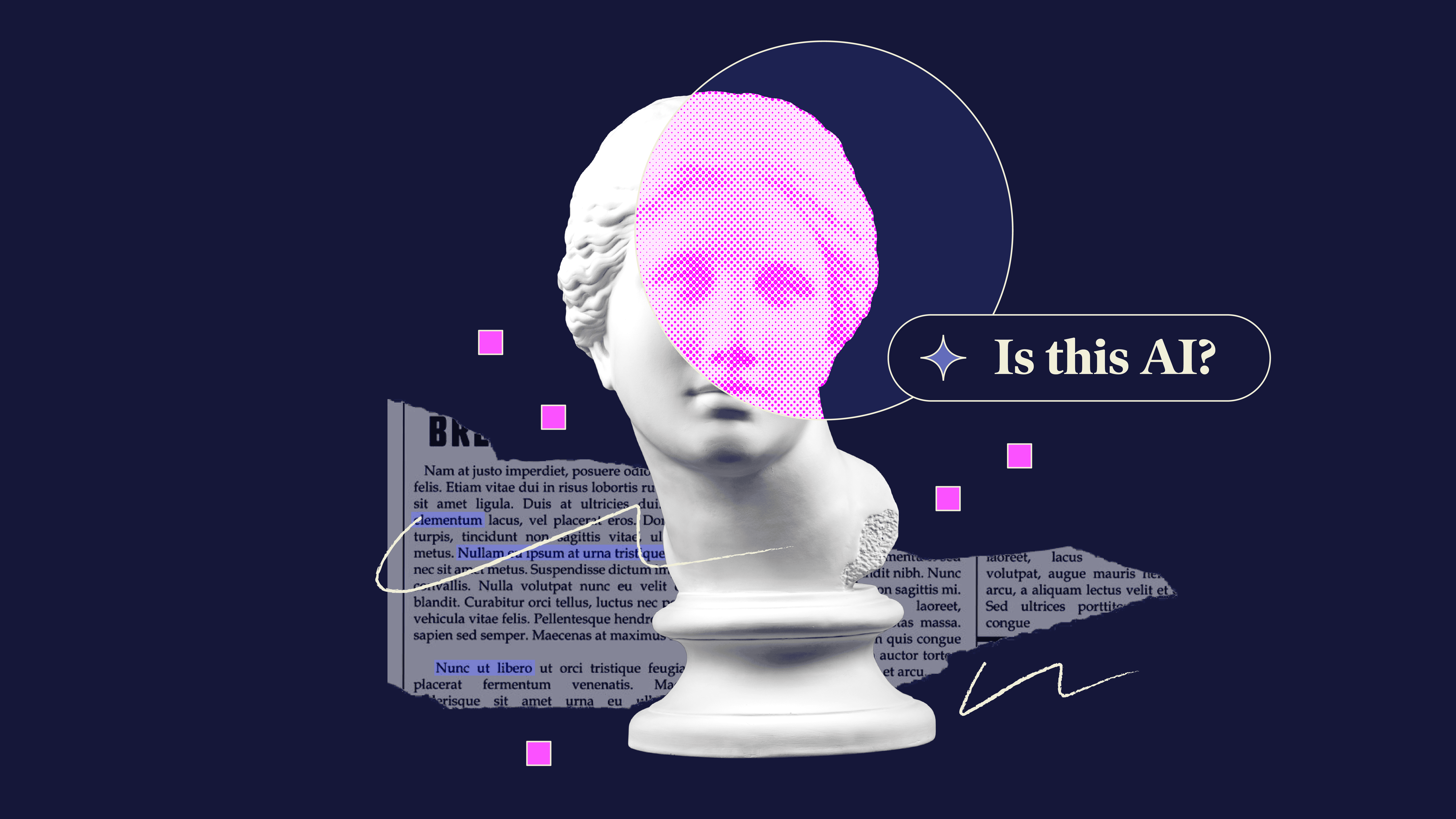 A classical white marble bust with a digitally altered pink halftone overlay on part of the face, set against a dark background. Torn newspaper text and small floating pink squares surround the bust, giving a futuristic and abstract feel. A speech bubble with the text 