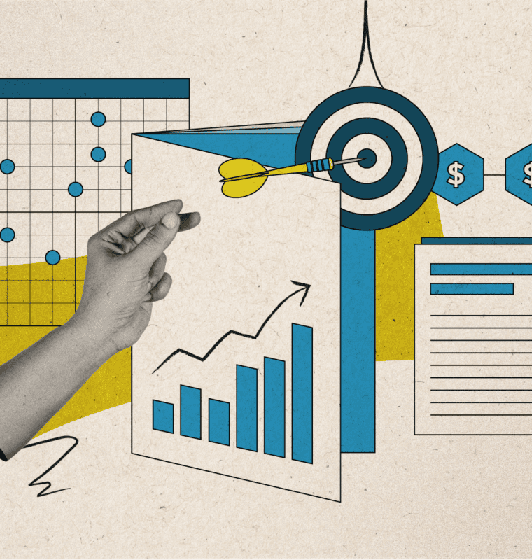 A digital collage-style illustration featuring data, analytics, and business growth concepts. A hand holds a paper with an upward-trending bar chart. Surrounding elements include a bullseye target with an arrow, financial icons with dollar signs, a document, a scatter plot on a digital screen, and a lightbulb representing ideas. The color palette consists of blue, yellow, and beige tones, with a mix of graphic and photographic elements