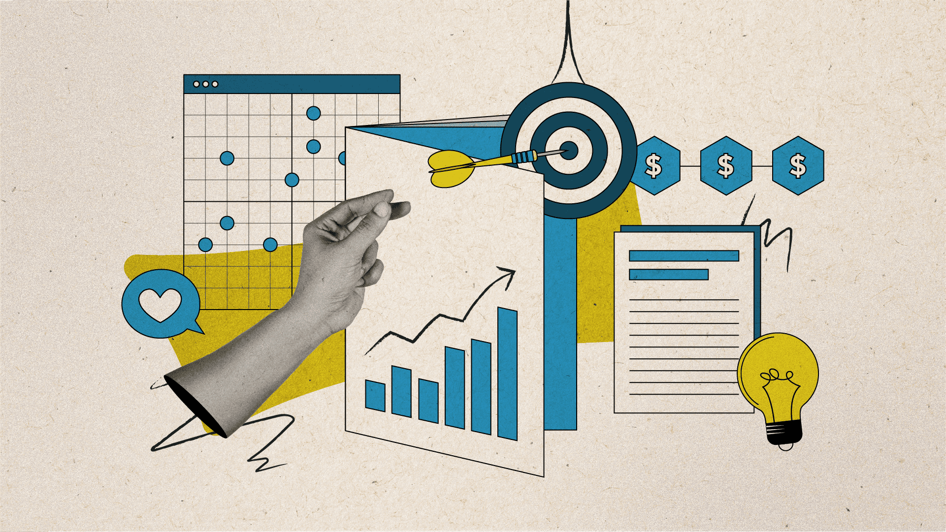 A digital collage-style illustration featuring data, analytics, and business growth concepts. A hand holds a paper with an upward-trending bar chart. Surrounding elements include a bullseye target with an arrow, financial icons with dollar signs, a document, a scatter plot on a digital screen, and a lightbulb representing ideas. The color palette consists of blue, yellow, and beige tones, with a mix of graphic and photographic elements