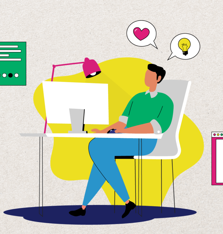 An illustrated digital artwork of a person sitting at a desk, working on a computer. Surrounding them are various digital content elements, including a video player, documents, web pages, and design mockups. Speech bubbles with a heart and a lightbulb icon appear above their head, suggesting creativity and engagement. The illustration features bold colors like yellow, pink, green, and blue, with a modern, flat design style.