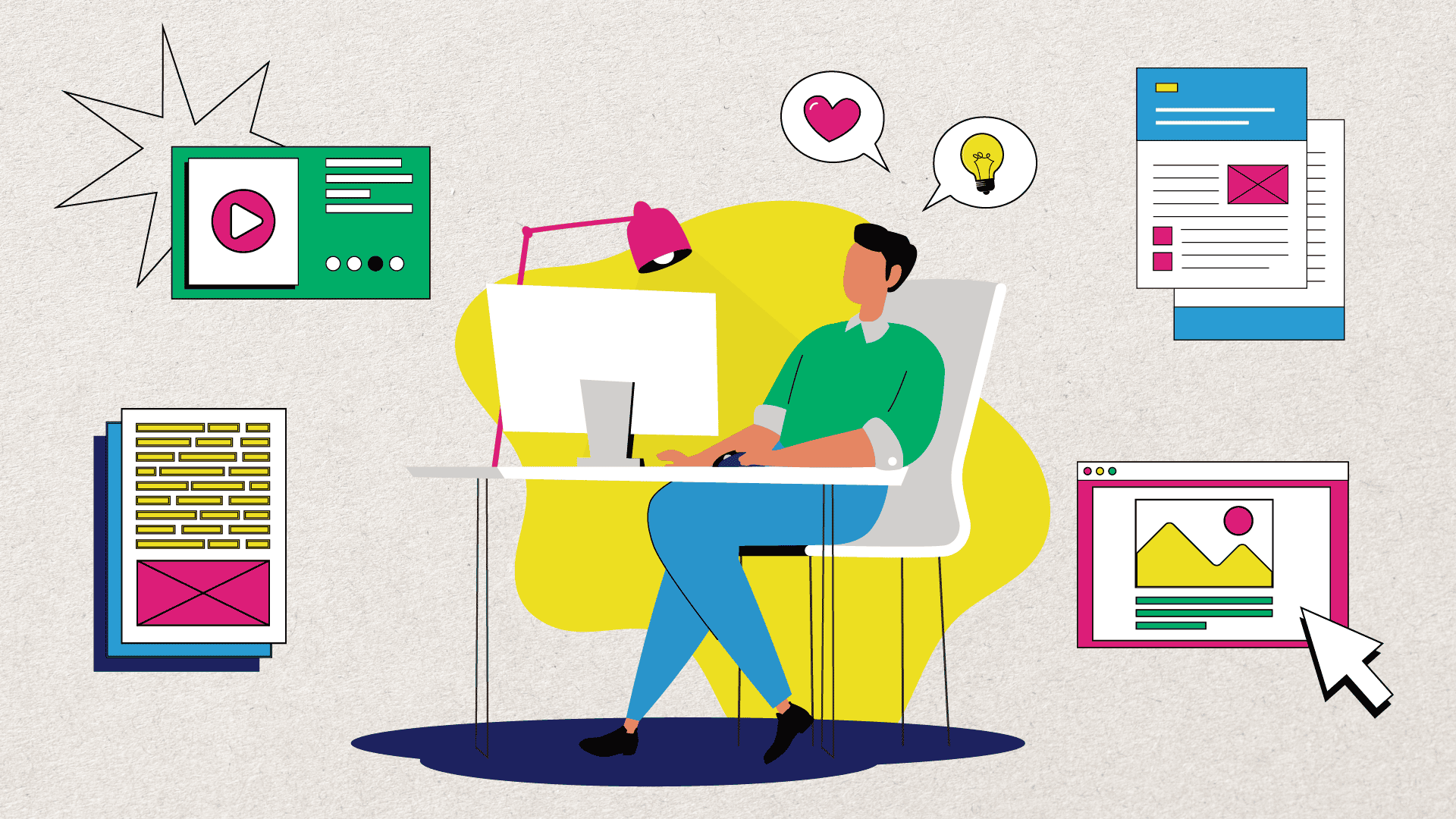 An illustrated digital artwork of a person sitting at a desk, working on a computer. Surrounding them are various digital content elements, including a video player, documents, web pages, and design mockups. Speech bubbles with a heart and a lightbulb icon appear above their head, suggesting creativity and engagement. The illustration features bold colors like yellow, pink, green, and blue, with a modern, flat design style.