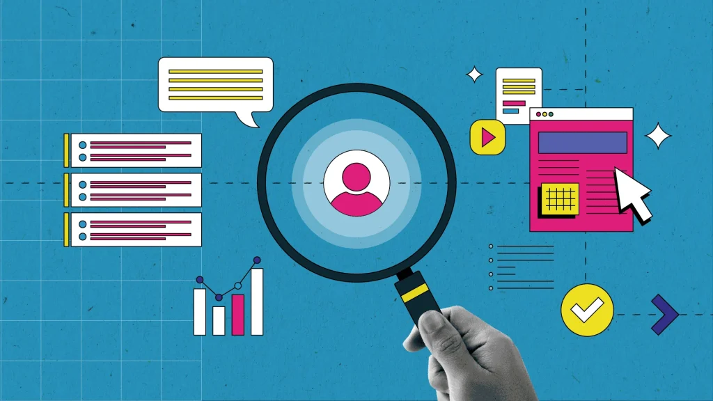 A hand holds a magnifying glass over a person icon on a blue grid, surrounded by list cards, a speech bubble, a bar chart, a video icon, a web page, and a checkmark.