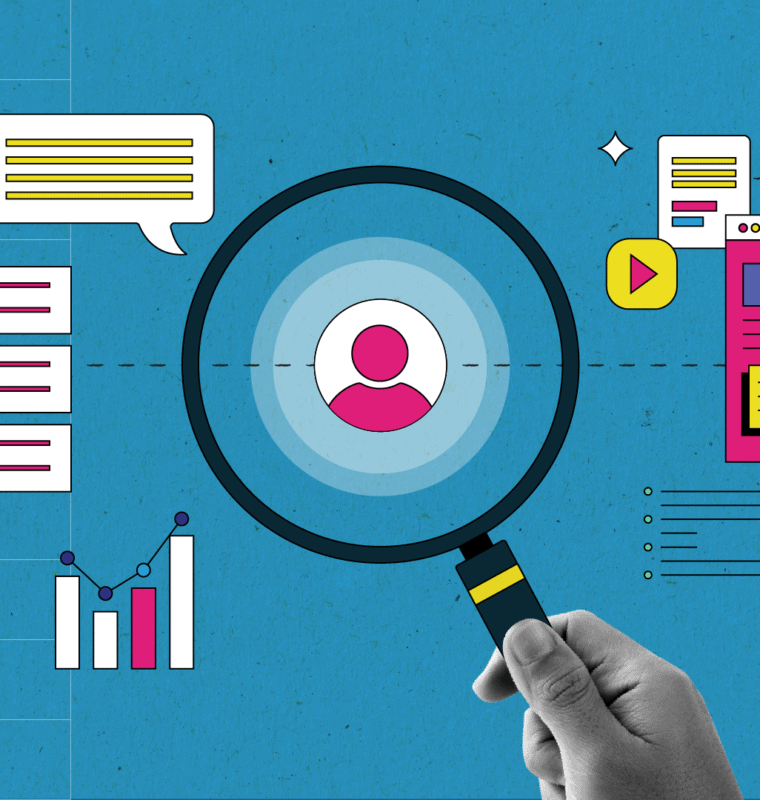 Illustration of a hand holding a magnifying glass focused on a user icon, surrounded by digital marketing elements including a checklist, bar graph, speech bubble, video play button, web page, and checkmark—symbolizing audience targeting and content strategy.