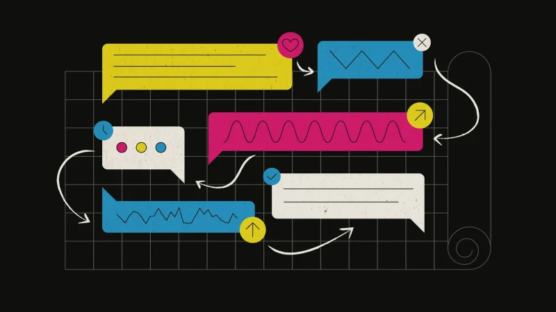 Abstract illustration of interconnected chat bubbles in various colors (yellow, blue, pink, and white) containing lines, waves, and icons like checkmarks, hearts, and arrows, symbolizing communication, collaboration, and data flow on a dark grid background.
