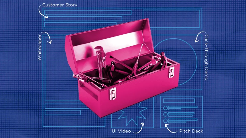 A digitally manipulated image of a pink toolbox filled with various hand tools, set against a blue grid background. Surrounding the toolbox are blueprint-style outlines labeled with different types of sales enablement content, including 'Customer Story,' 'Whitepaper,' 'Click-Through Demo,' 'UI Video,' and 'Pitch Deck.' The image metaphorically represents a toolkit for equipping sales teams with the right content.